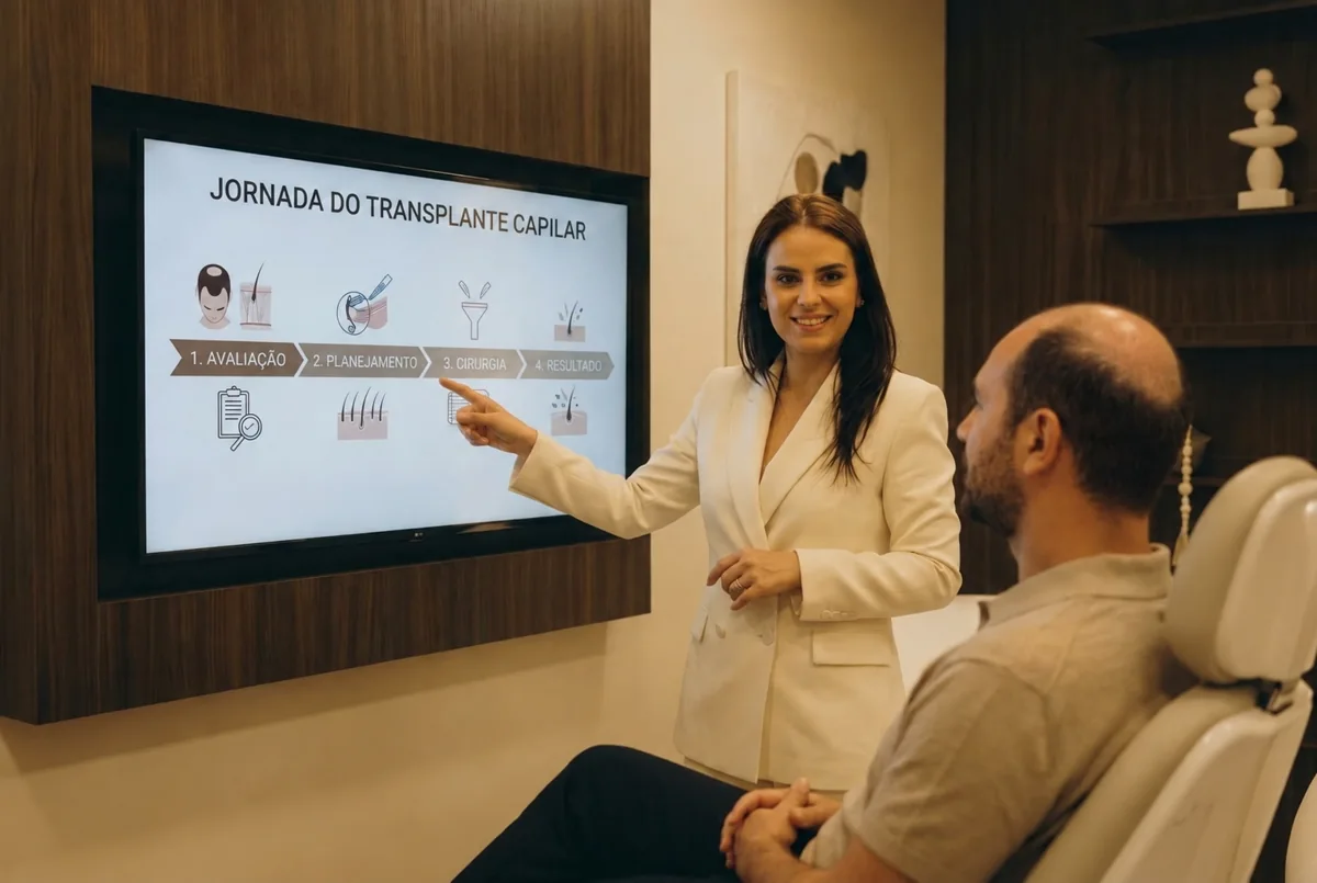 Dra. Paola apresenta o planejamento do transplante capilar a um paciente