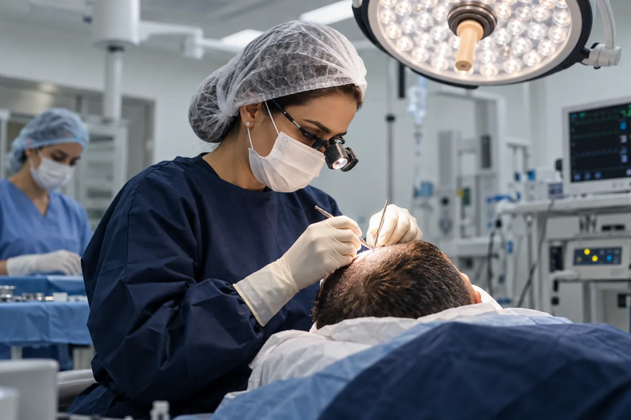 Imagem ilustrativa da Dra. Paola realizando uma cirurgia de transplante capilar
