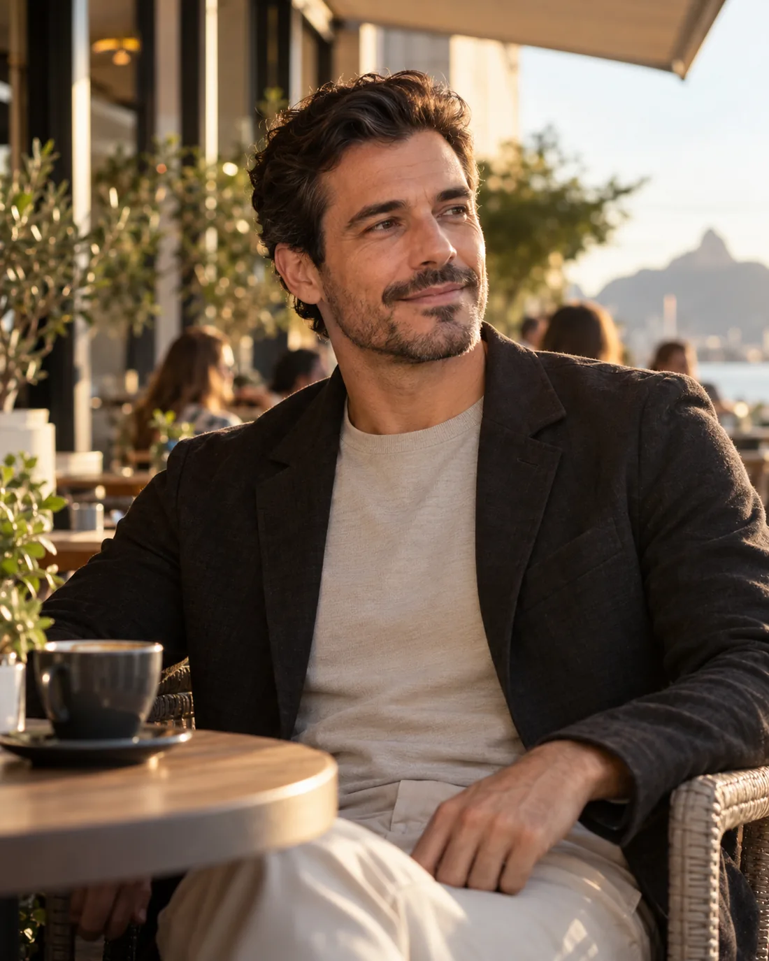 Imagem ilustrativa de um homem com cabelo natural e expressão confiante em um café